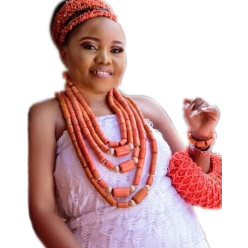 4UJewelry African Bridal Jewelry Set 12mm Nature Coral Beads 5 Rows Nigerian Jewellery Set For Bride Orange Red White Available