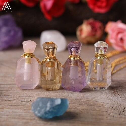 Natural Citrines Quartz Gold Perfume Bottle Pendant Necklace For Femme Women Roses Quartz Essential Oil Duffuser Jewelry Gift