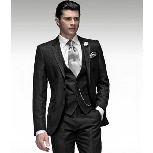Newest Groomsmen Notch Lapel Groom Tuxedos Shiny Black Stripe Men Suits Wedding Best Man Blazer (Jacket+Pants+Tie+Vest) B964
