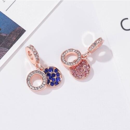New Original Alloy Bead Rose Sparkling Disc Double Dangle Charm Pink Blue CZ Fit Pan Bracelet Bangle DIY Women Jewelry Dropship