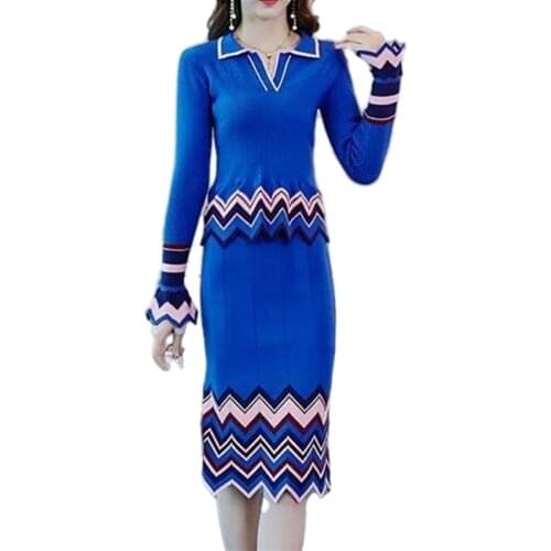 Autumn Winter Fashion Geometric Pattern Knitting 2pcs Suits Long Sleeve Knit Pullovers Sweater Top+High waist Skirt 2 Pieces Set