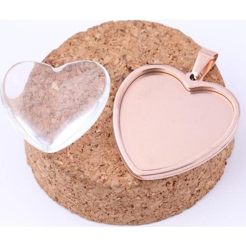 2pcs Stainless Steel 25mm Heart Shape Cabochon Base Rose Gold Black Blank Pendant Tray Settings Diy Jewelry Accessories