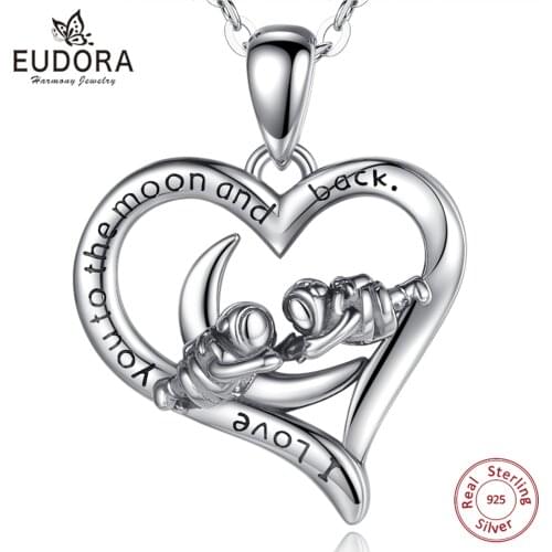 EUDORA 925 Sterling Silver Astronaut Moon Heart Necklac I Love You To The Moon and Back Pendant Fashion Jewelry for Man Girl