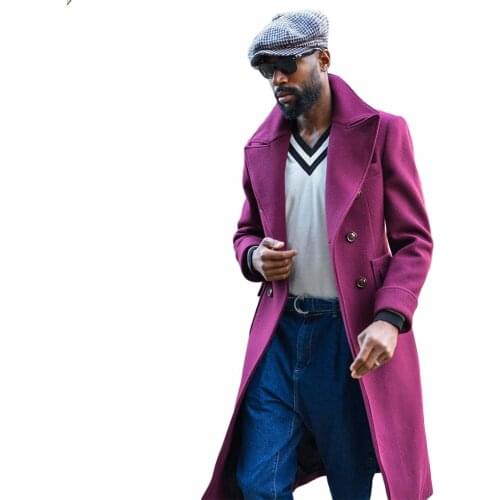 Fashion Winter Solid Streetwear Woolen Overcoat Warm Mens Thick Double Breasted Loose Mid-Length Casual Trench Coat Male Jacket