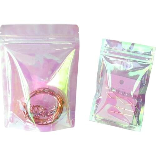 Iridescent Laser Stand Up Zip lock Plastic Package Bag Clear Pink Holographic Zip Lock Bags Pouches for Cosmetic Jewelry Gift