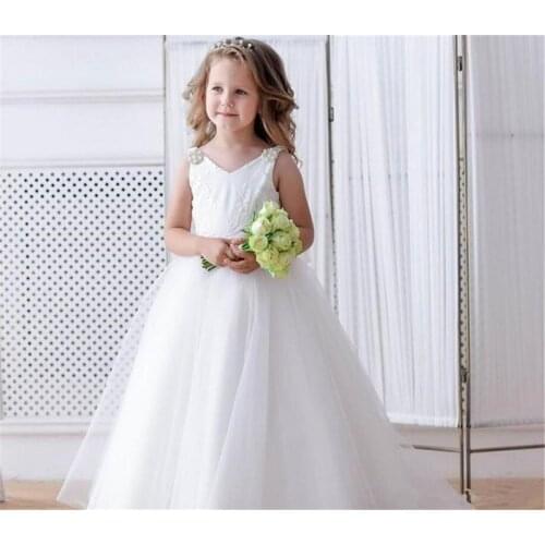 Backless Flower Girl Dress For Garden Wedding Puffy Tulle Beads First Communion Dress Applique Pageant Gown For Kid Birthday