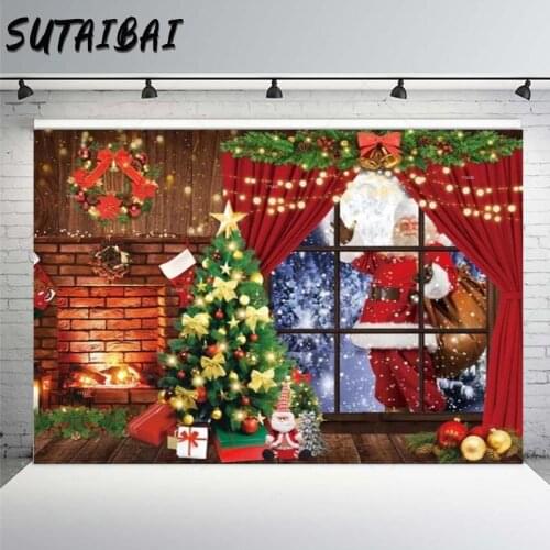 Merry Christmas Party Backdrop Red Curtain Window Santa Claus Christmas Tree Bell Fireplace Custom Poster Photography Background