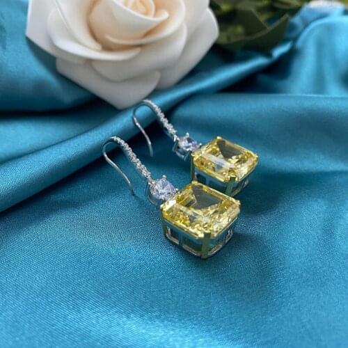 100% 925 Sterling Silver Created Citrine 14*14mm Wedding Drop Earrings For Women Pass Diamond Test Sparkling Party Fine Jewelry