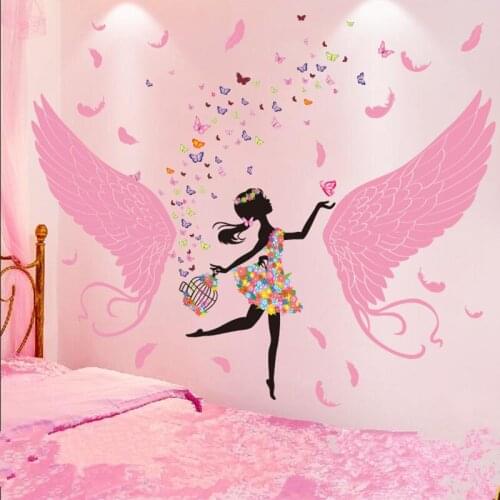[shijuekongjian] Cartoon Fairy Girl Wall Stickers DIY Feather Wings Wall Decals for Kids Rooms Baby Bedroom House Decoration