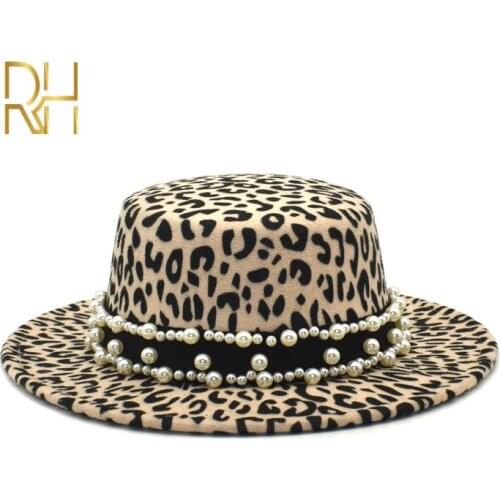 Pearl Ribbon Vintage Wide Brim Wool Felt Fedora Hat Women Flat Top Jazz Round Caps Bowler Elegant Lady Church Leopard Hat