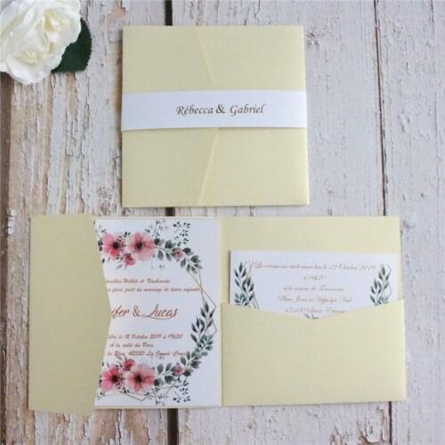 Light gold carte invitation mariage gift card floral customized paper invites multi colors