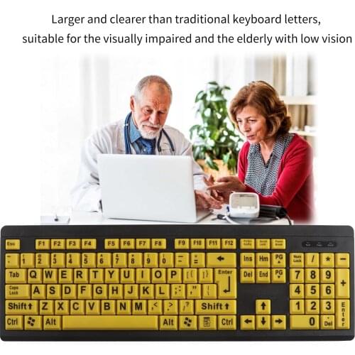 Large Print Keyboard 107 Keycaps Keypad USB Wired Computer Keyboard Yellow Keys Black Letter Keyboard For Poor Eyesight Elderly