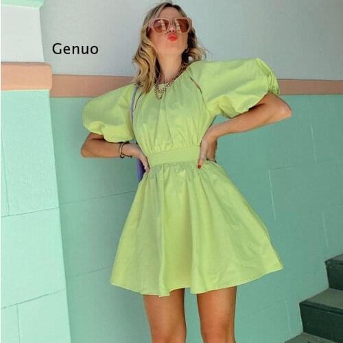 Vintage Green Puff Sleeve Elegant Woman Dress Summer Shirt Dresses Female Zipper Fashion Spring Sexy Casual Vestido 2021