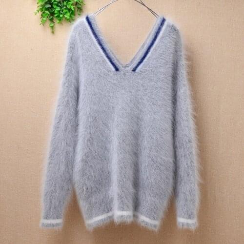 Ladies women fashion autumn winter clothing mink cashmere knitted v-neck slim blouses pullover angora fur jumper sweater pull