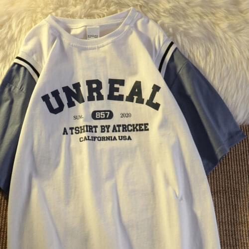 Cotton Patchwork Sleeve Vintage Letters Printed Woman Tshirts Graphic T Shirts Harajuku Fashion Teens Clothes Summer Korean 2021