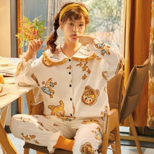 Two-pieces Women Pajamas Set Spring And Fall Long Sleeve Cotton Lovely Home Clothing MS Doll Collar Nightwear Sleepwear NW03