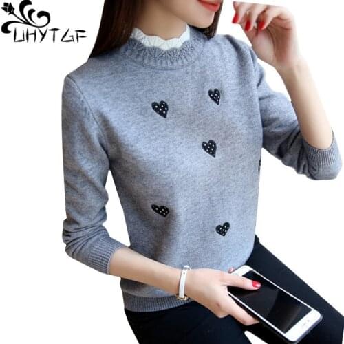 UHYTGF Women Turtleneck Sweater Solid Color Embroidery Sweet Student Autumn Winter Tops Pullovers Short Knit Female Clothes 1824