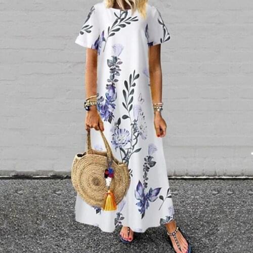 Plus Size Casual Maxi Dress Women 2021 Summer O-Neck Short Sleeve Print Big Swing Long Dress Lady Pocket Loose Dresses Vestidos