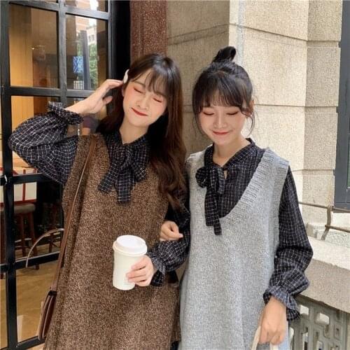 2021 Autumn And Winter New Students Lazy Wind Bow Long Dress Fresh Wild Knitted Vest Two-piece Suit