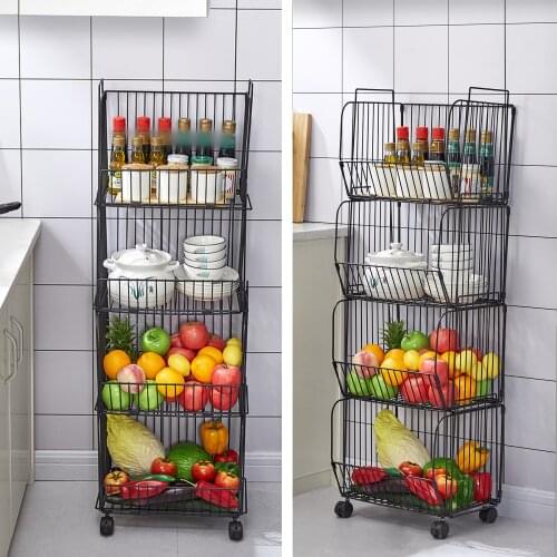 4/3 Tier Kitchen Storage Baskets with Casters Trolley Stackable Collapsible Rack Shelf Rolling Storage Bins for Kitchen Bathroom