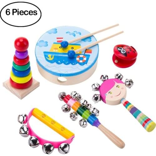6PCS/LOT Wooden Shaking Handbell Rattle Sound Toy Musical Instrument Gift for Baby Kid Child Toys For Fun Rainbow Tower