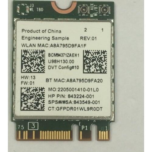 BCM94371ZAE 802.11 AC NGFF M2 867Mbps WiFi & Bluetooth 4.1 Combo Card, SPS 843549-001
