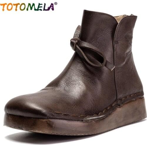 TOTOMELA TOP quality genuine leather boots women platform shoes square toe vintage western ankle boots for women