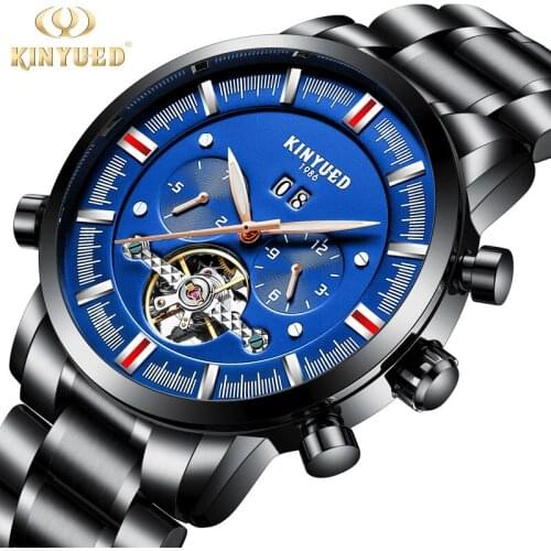 KINYUED brand new watch Swiss fashion men solid stainless steel Tourbillon automatic mechanical watch