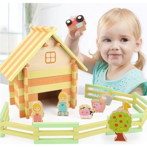 Children Wooden Situational Block Toy Kids Parent-Child Interactive Farm Animals Build House Model DIY Creative Wood Toys Gifts