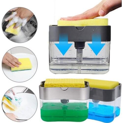2 in 1 Scrubbing Liquid Detergent Dispenser Press-type Liquid Soap Box Pump Organizer with Sponge Kitchen Tool Bathroom Supplies