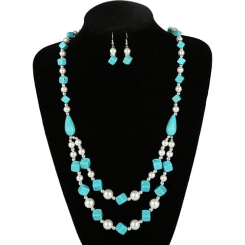 FYJS Unique Jewelry Sets Silver Plated Geometric Pendant Imitation Pearl Necklace Layer Green Turquoises Stone Earrings