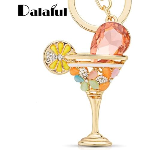 Exquisite Wine Glass Cup Lemon Goblet Key Ring Chains Holder Fashion Crystal Bag Buckle Pendant For Car Keyrings KeyChains K305