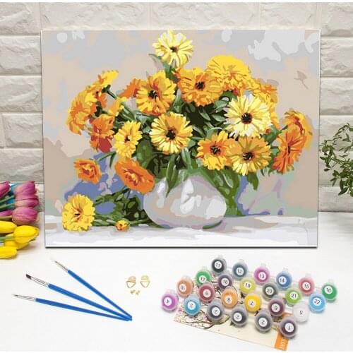 Framed Oil Painting by Number White Bowl with Daisies Hand Painted Canvas Wall Art For Living Room Decoration Wall Art 40x50cm