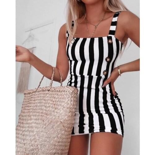 Fashion Striped Dress Women Sleeveless Straps Button Sexy Wrapped Bodycon Bag Hip Dress Summer Sundress Sexy Club Short Dress