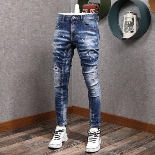 Italian Style Fashion Men Jeans High Quality Elastic Cotton Slim Fit Ripped Jeans Spliced Painted Designer Hip Hop Biker Pants