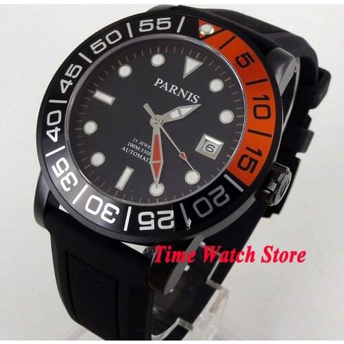Parnis 42mm 10ATM Miyota Automatic mens watch PVD case black dial luminous sapphire glass rubber strap 408