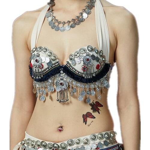 2018 New Tribal Belly Dance Clothes Coin Antique Silver Bra Metallic Chain Tassels Push Up C/D CUP Top Vintage Coins Bras