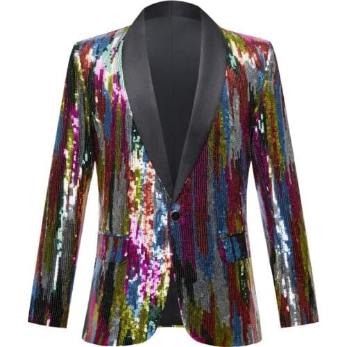 New Stripes Colorful Sequins Shawl Lapel Sequins Blazer DJ Night Club Slim Fit Suit Jacket Stage Singer Host Performance Costume