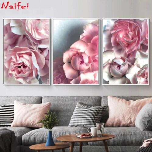 Full Square Round Diy Diamond Painting Pink Peony Flower Wall Art 3 Pcs Diamond Embroidery Puzzle Mosaic Home Decor Triptych