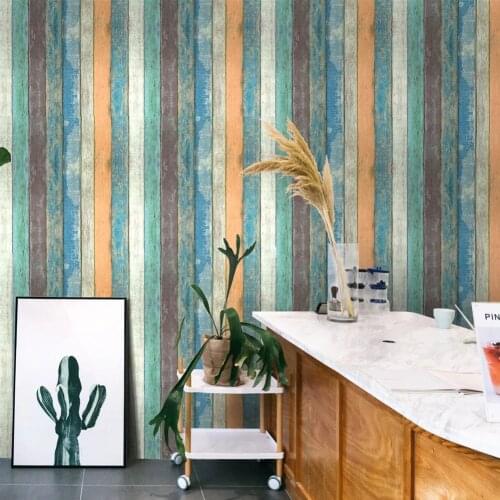 Mediterranean Stripe Wall Stickers Self-Adhesive Wood Grain Retro Nostalgic Wooden Board Wallpaper Poster Living Room Home Decor