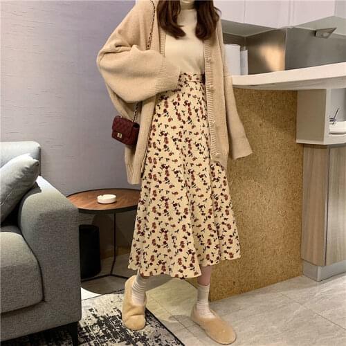 Vintage Floral Print A-line Pleated Long Skirts Summer Women Korean Skirt Streetwear Drawstring Elastic Waist Midi Skirt