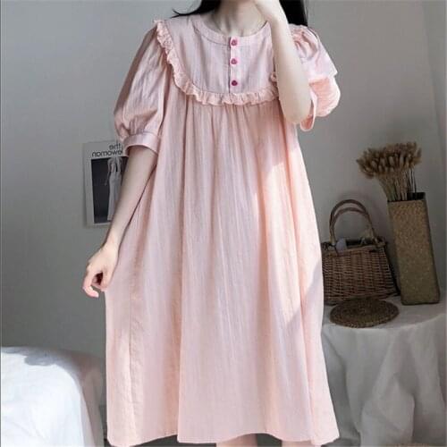 Pink nightdress female summer cotton short-sleeved ins princess style home service hot sale nightgown solid color dress robe