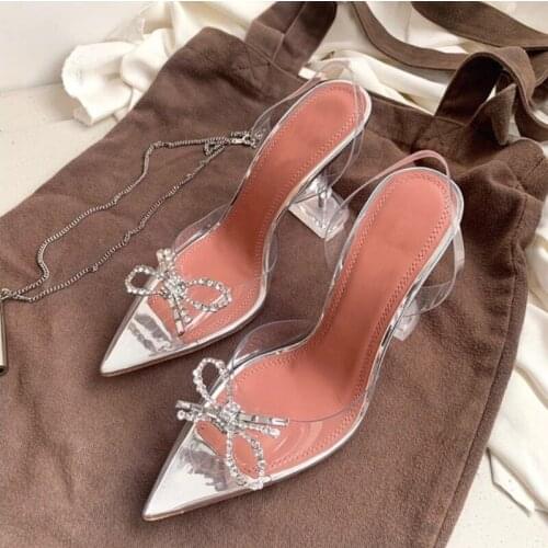High heels for women PVC Clear bow Rhinestone Bow pointy toe stiletto stripper slingback bridal wedding shoes Prom Evening Shoes
