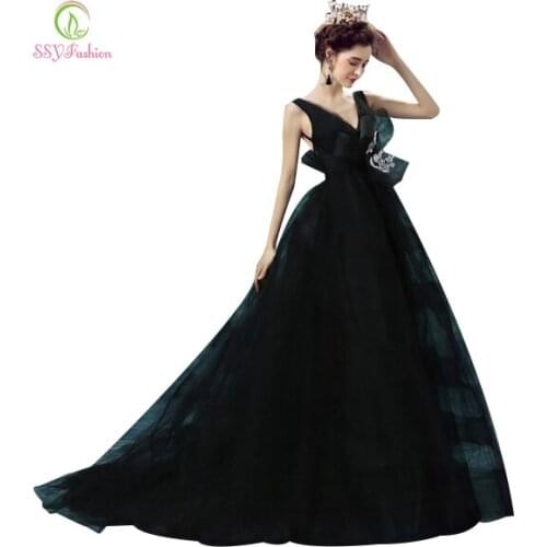 Robe De Soiree SSYFashion Sexy Black Deep V-neck Princess Bride Prom Dress Backless Long Evening Gown Luxury Catwalk Dresses