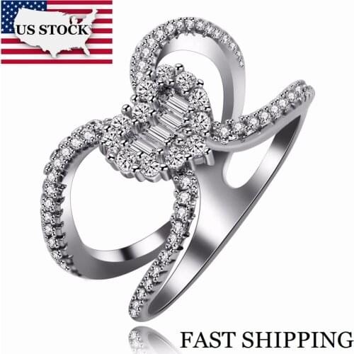 US STOCK Uloveido Silver Color Cubic Zirconia Stone Statement Ring, 4 Tone Curving Love Heart Jewelry Ring for Women Girl RA019