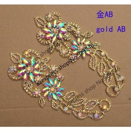 Gold AB crystal metal applique fashion garment clothing decoration glass stone big flower trimmings for dress coat bra accessory