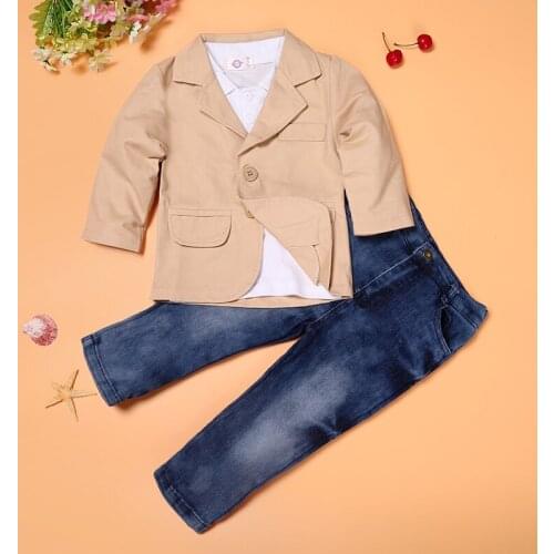 New Casual Spring Autumn Baby Boys Clothing Sets Kids Clothes Cotton Coat+Long Sleeve T-Shirt+Jeans Pant 3 Pcs/Suit Child Outfit