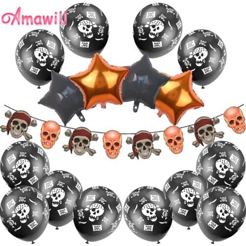 Amawill Pirate Latex Balloons 18inch Star Foil Ballon Skull Paper Banner Birthday Horror Party Supplies Halloween Decoration 7D