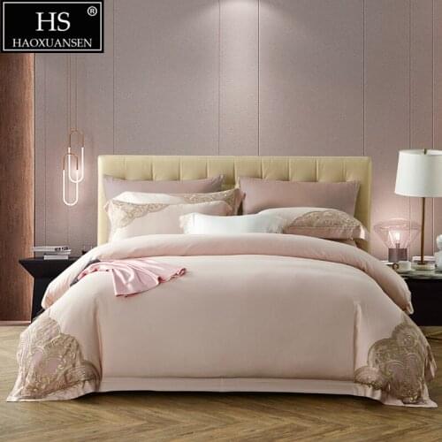 Pale Pink Delicate Lace 4Piece Bedding Sets Tencel Lyocell Fabric Queen King Size Quilt Cover Pollowcase Sheets Silky Summer