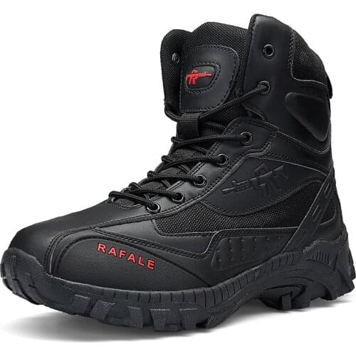 Black Leather Zipper Men Tactical Boots Army High top Outdoor Sports Hunting Shoes Men Waterproof Anti-Slippery Men Hiking Boots